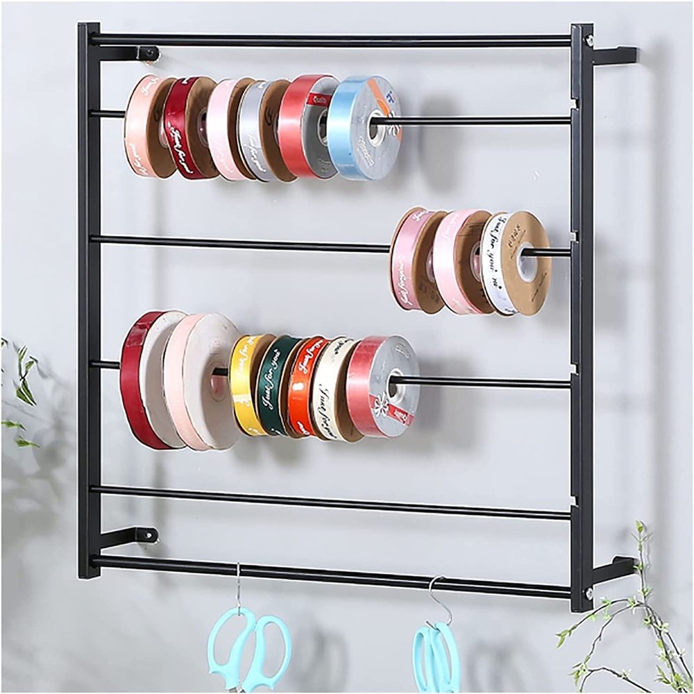 Ribbon Holder Organizer Display Stand Wall Mount Ribbon Holder Stand Black White, Square Metal 4 Layer Versatile Storage Organizer for Wrapping Paper Silk Scarf, Flower Shop Craft Room Gift Shops ( Co