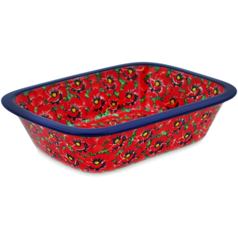 Polmedia Polish Pottery Rectangular Baker UNIKAT - Savvy Scarlet Pattern Handmade in Boleslawiec Poland by Ceramika Artystyczna + Certificate of Authenticity