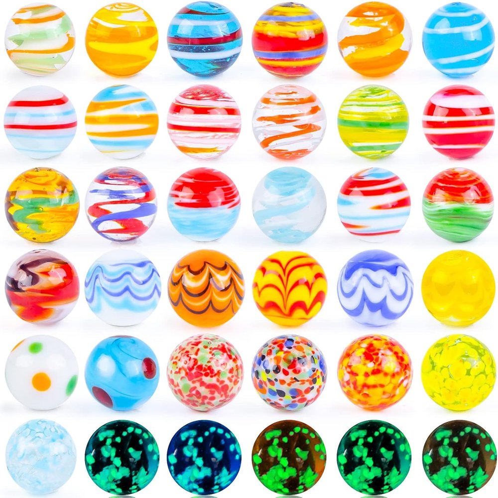 MCPINKY 36PCS Glass Marbles, Including 5 Glow in The Dark Marbles for Vase Filler, Fish Tank, Table Scatter Decoration