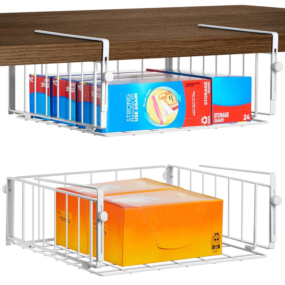 AmonHouseware 2 Pack Hanging Under Shelf Storage Basket,Adjustable Under Cabinet Add-on Storage Racks Slide-in Baskets Organizer for Laundry Room Kitchen Pantry Desk Bookshelf, White