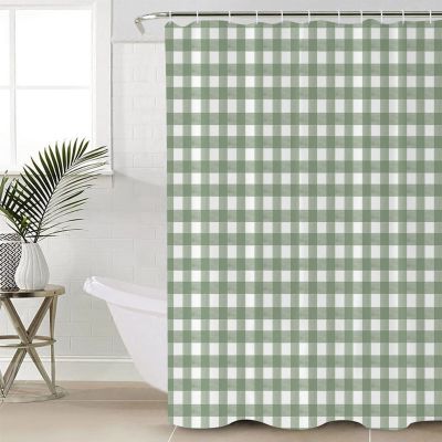 Sage Green Buffalo Plaid Shower Curtain Set - 72" x 78" Washable Bathtub Curtain with 12 Hooks, Farmhouse Green White Checkered Waterproof Fabric Stall Shower Curtains for Bathroom/Bathtub Dcor