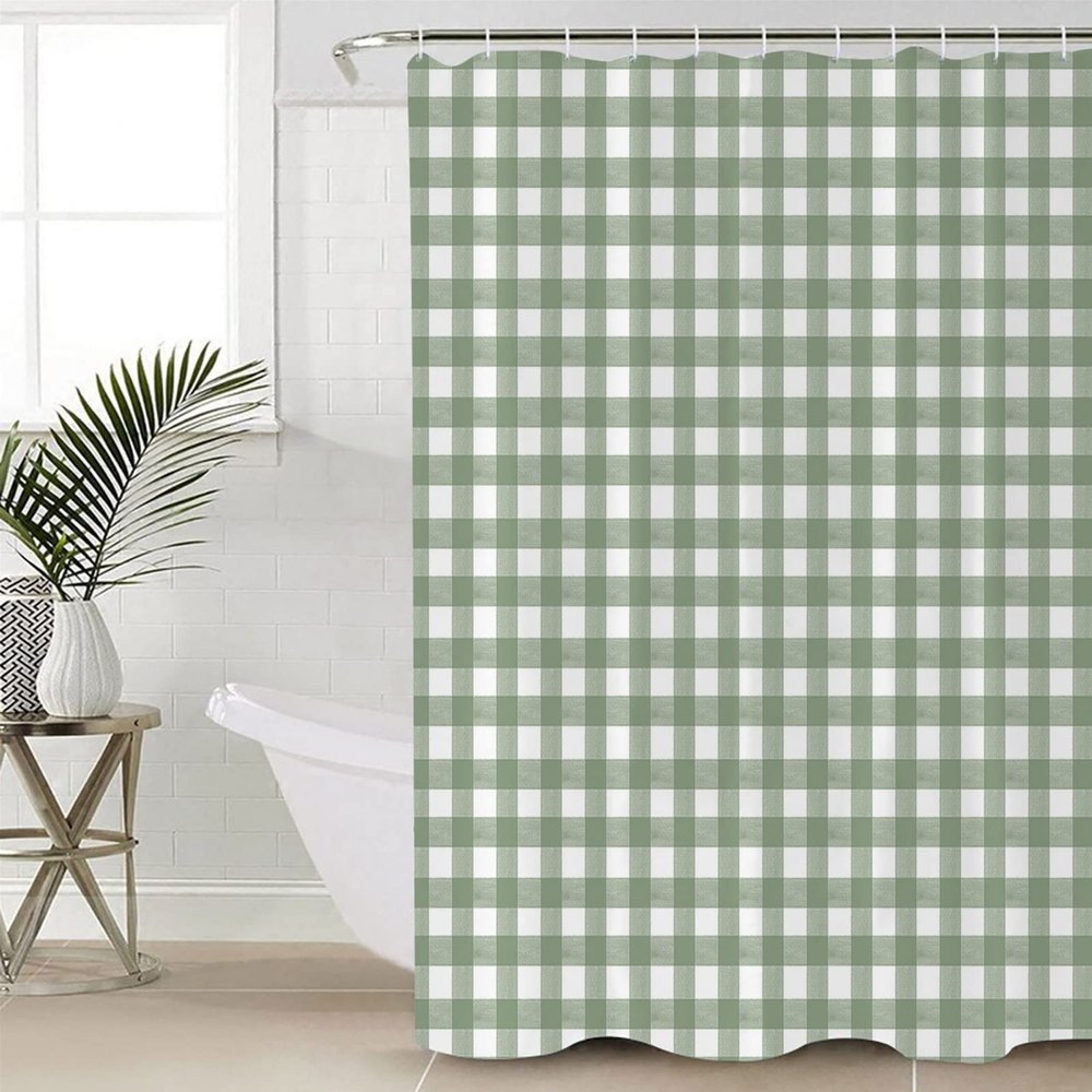 Sage Green Buffalo Plaid Shower Curtain Set - 72" x 78" Washable Bathtub Curtain with 12 Hooks, Farmhouse Green White Checkered Waterproof Fabric Stall Shower Curtains for Bathroom/Bathtub Dcor