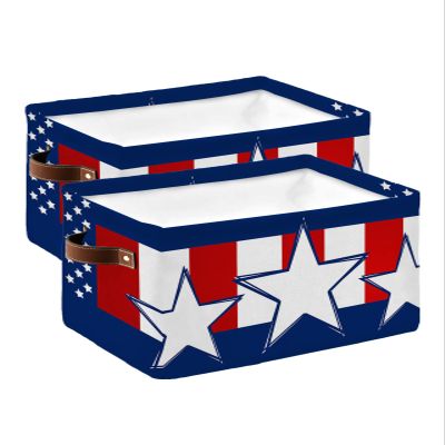 4th of July Storage Bins 2 Pack, Large Waterproof Storage Baskets for Shelves Closet, Blue Independence Day Red Striped White Star Storage Basket Foldable Storage Box Cube Storage Organizer