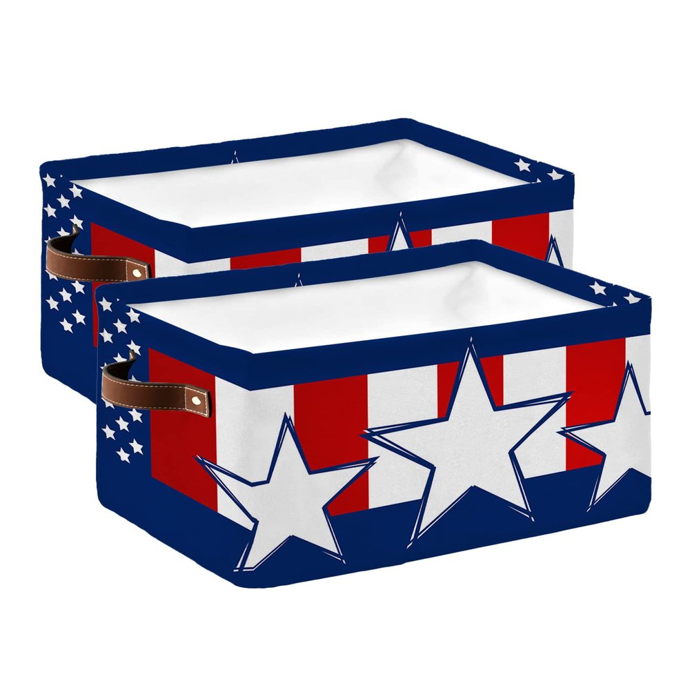 4th of July Storage Bins 2 Pack, Large Waterproof Storage Baskets for Shelves Closet, Blue Independence Day Red Striped White Star Storage Basket Foldable Storage Box Cube Storage Organizer