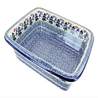 Blue Rose Polish Pottery - Blue Winter Bells Medium Rectangular Baker - 12.25" x 10" - Unique, Dishwasher Safe, & Durable Bakeware