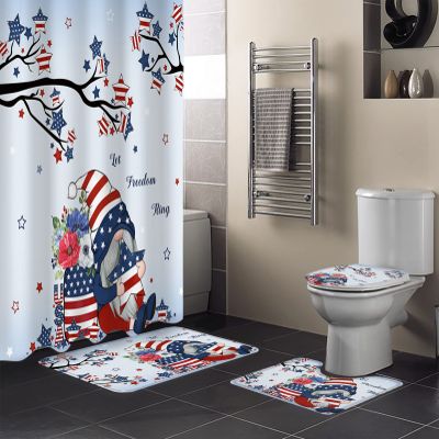 Fourth of July 4 Piece Shower Curtain Sets with Non-Slip Rugs, Toilet Lid Cover and Bath Mat, American Flag Stars Cute Gnomes Patriotic Theme Shower Curtain with 12 Hooks, Durable and Waterproof