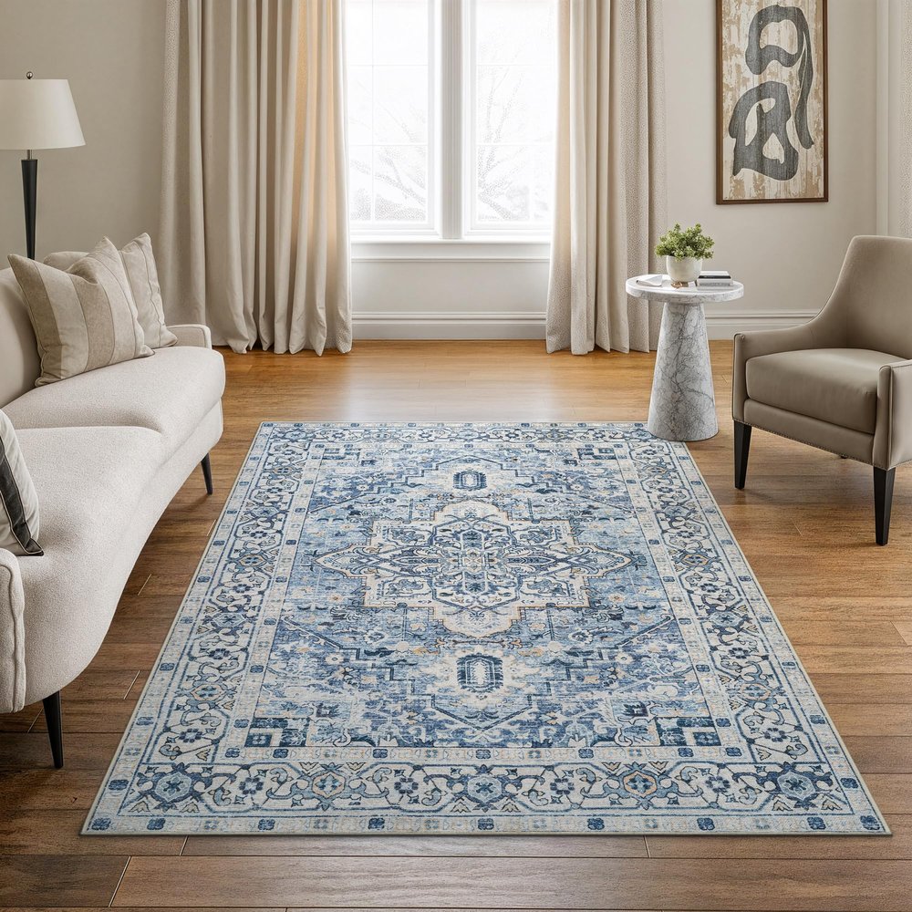 Bloom Rugs Caria Washable Non-Slip 4x6 Rug - Blue Traditional Area Rug for Living Room, Bedroom, Dining Room, and Kitchen - Exact Size: 4' x 6'