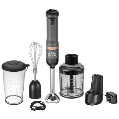 BLACK+DECKER Kitchen Wand Cordless Immersion Blender, 3 in 1 Multi Tool Set, Hand Blender with Charging Dock, Whisk, and Chopper, Grey (BCKM1013K01)
