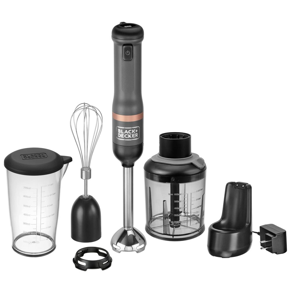 BLACK+DECKER Kitchen Wand Cordless Immersion Blender, 3 in 1 Multi Tool Set, Hand Blender with Charging Dock, Whisk, and Chopper, Grey (BCKM1013K01)