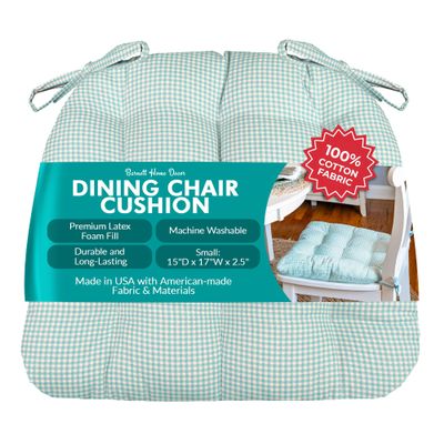Barnett Home Decor Madrid Aqua Dining Chair Pad with Ties - 15 x 17 Size Small Chair Cushion - Latex Foam Fill - Machine Washable, Reversible, 100% Cotton, Made in USA (Turquoise Gingham Check)