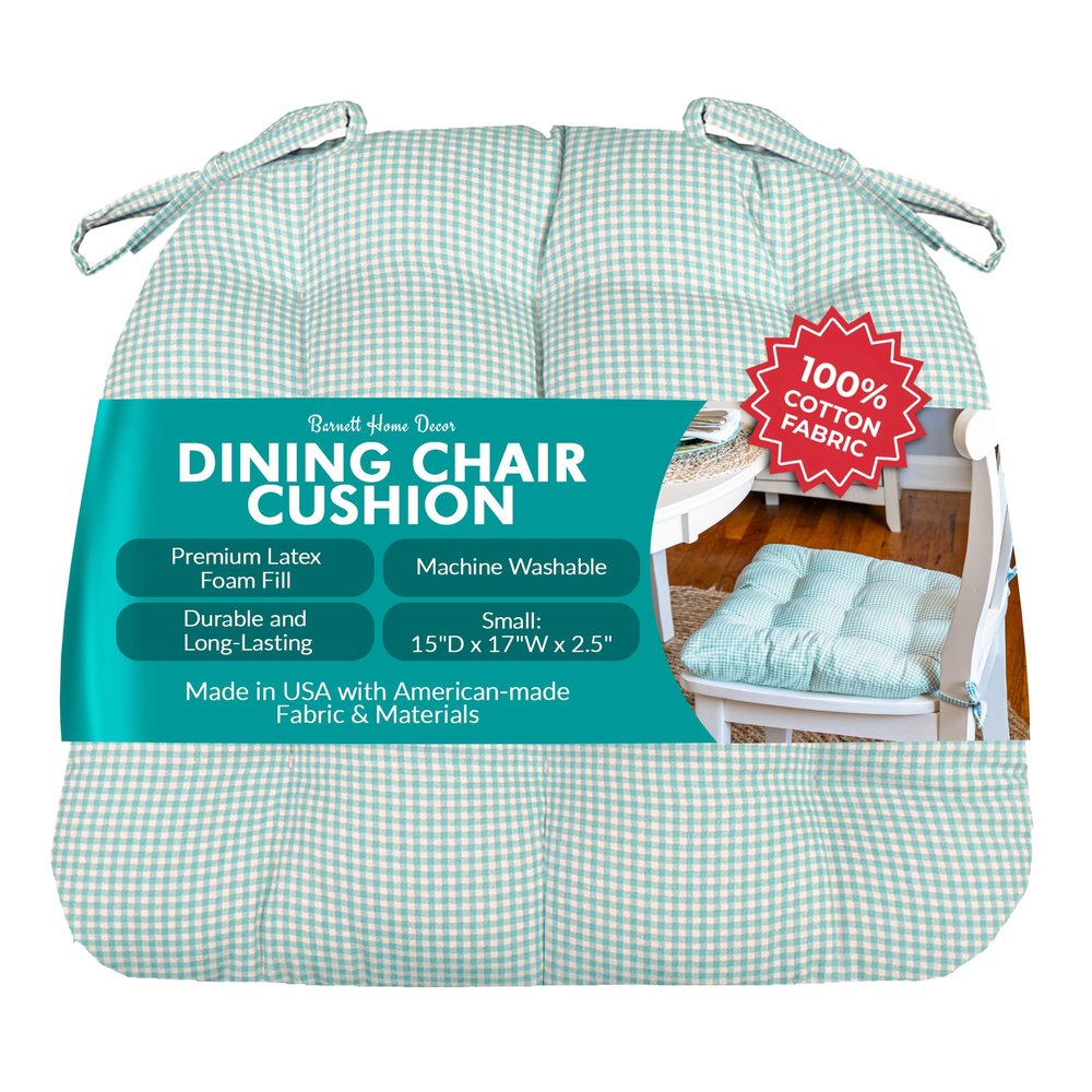 Barnett Home Decor Madrid Aqua Dining Chair Pad with Ties - 15 x 17 Size Small Chair Cushion - Latex Foam Fill - Machine Washable, Reversible, 100% Cotton, Made in USA (Turquoise Gingham Check)
