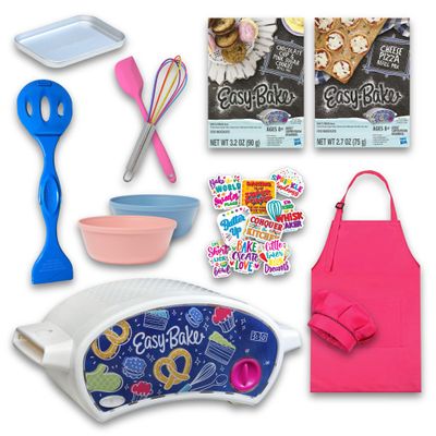 Ultimate Easy Baking Oven Bundle For Kids With 19 Items - Oven, 2 Refill Mixes, Apron, Hat, Bowl, Spatula, Whisk, 9 Stickers, Baking Pan & Tool (Heroic Hot Pink Baker Bundle)