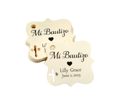 Mi Bautizo Tags - Small Personalized Favor Tags with Cross (Set of 20) (Cream)