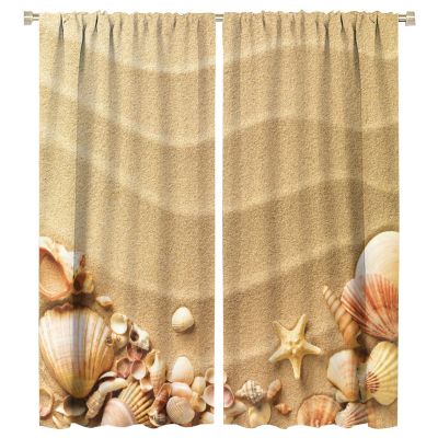 Starfish Curtains, Shoreline with Sand and Various Shells Tropical Aquatic Wildlife Theme, Window Curtains 2 Panel Set for Bedroom Living Room Kitchen Cafe Decor, 55x63 Inch.
