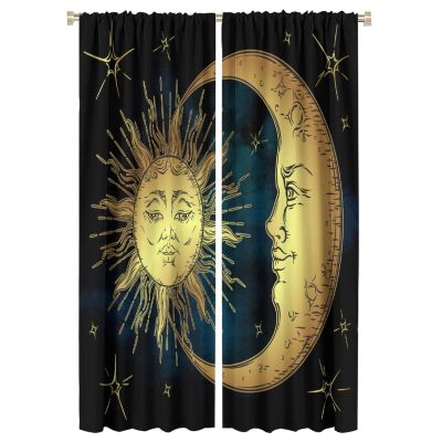 Sun and Moon Curtains, Vintage Bohemian Sketched Celestial Sun, Moon and Stars Classic Retro Art Pattern, Bedroom Living Room Blackout Decorative Curtains, 2 Panel Set, 42x63 in. Black Gold