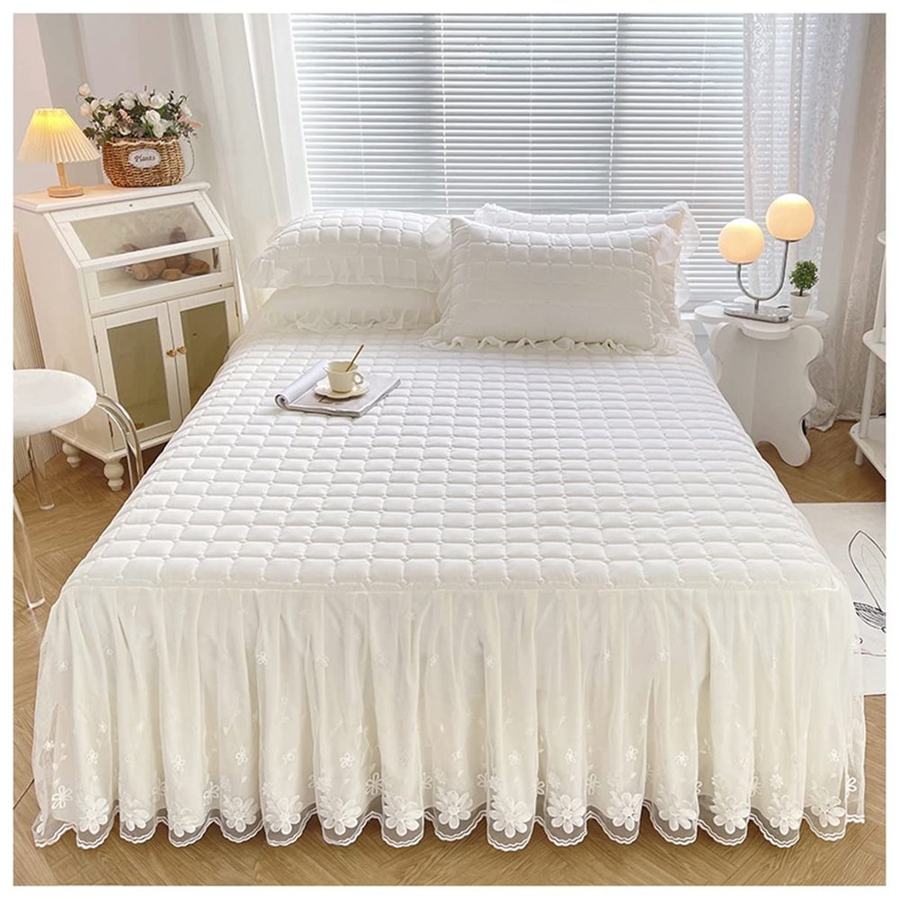 OTBK 3 Piece Set Bed Skirt Ruffle Wrap Thick Quilting Bedspread Fitted Sheet Cover Bed Skirt Full King Queen Bedcover Lace Pillowcases (Color : Milk White, Size : 180x200cm)