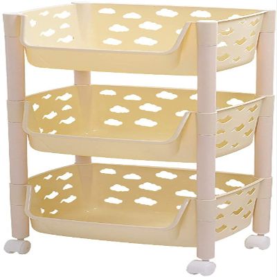Rotating Storage Rack 3 Tier Kitchen Trolley with Storage Baskets and Wheels,Plastic Storage Trolley Cart,Rolling Cart,Storage Trolley,Fruit Vegetable Rack Multi-Purpose Organizer Shelf (Color : Beig