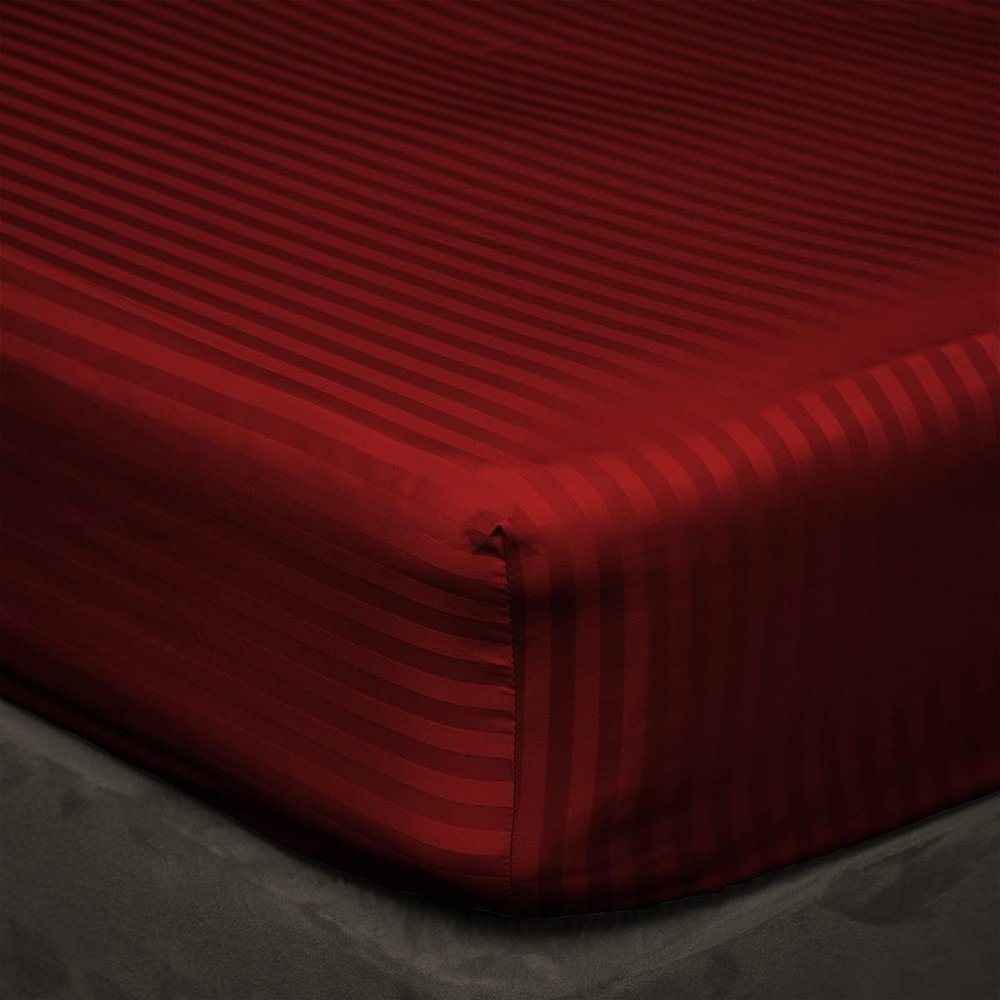 400 Thread Count Fitted Sheets Set of 3 Piece - Luxury and Extra Soft 100% Egyptian Cotton Sheets with 15" Deep Pocket Mattress Covers & Protectors - Burgundy Stripe,Olympic Queen Size.