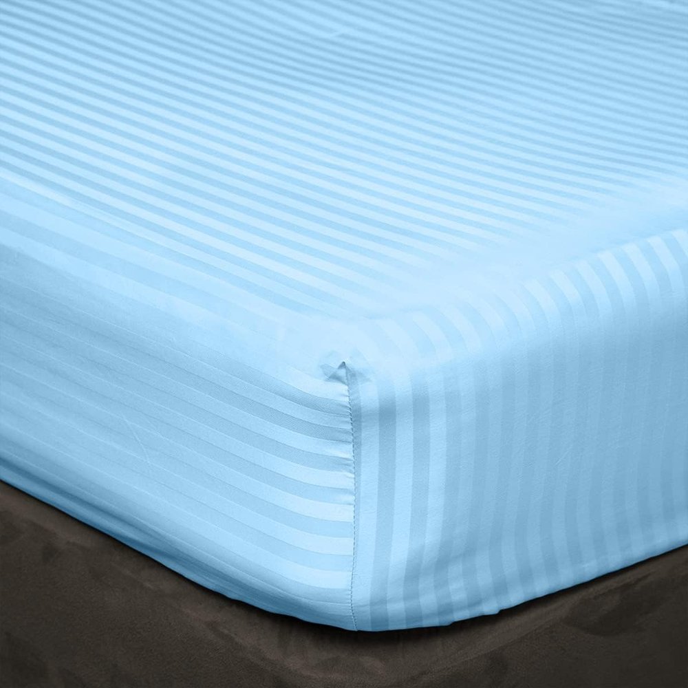 400 Thread Count Fitted Sheets Set of 3 Piece - Luxury and Extra Soft 100% Egyptian Cotton Sheets with 15" Deep Pocket Mattress Covers & Protectors - Light Blue Stripe,Full-XL Size.