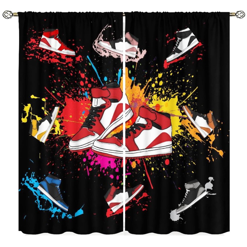 SXXLDNG Boys Sports Curtains Sneaker Shoes Cool Colorful Graffiti Bedroom Window Drapes for Teen Kids Printed Living Room Window Treatment Fabric 2 Panels 55Wx63H Inch Decor