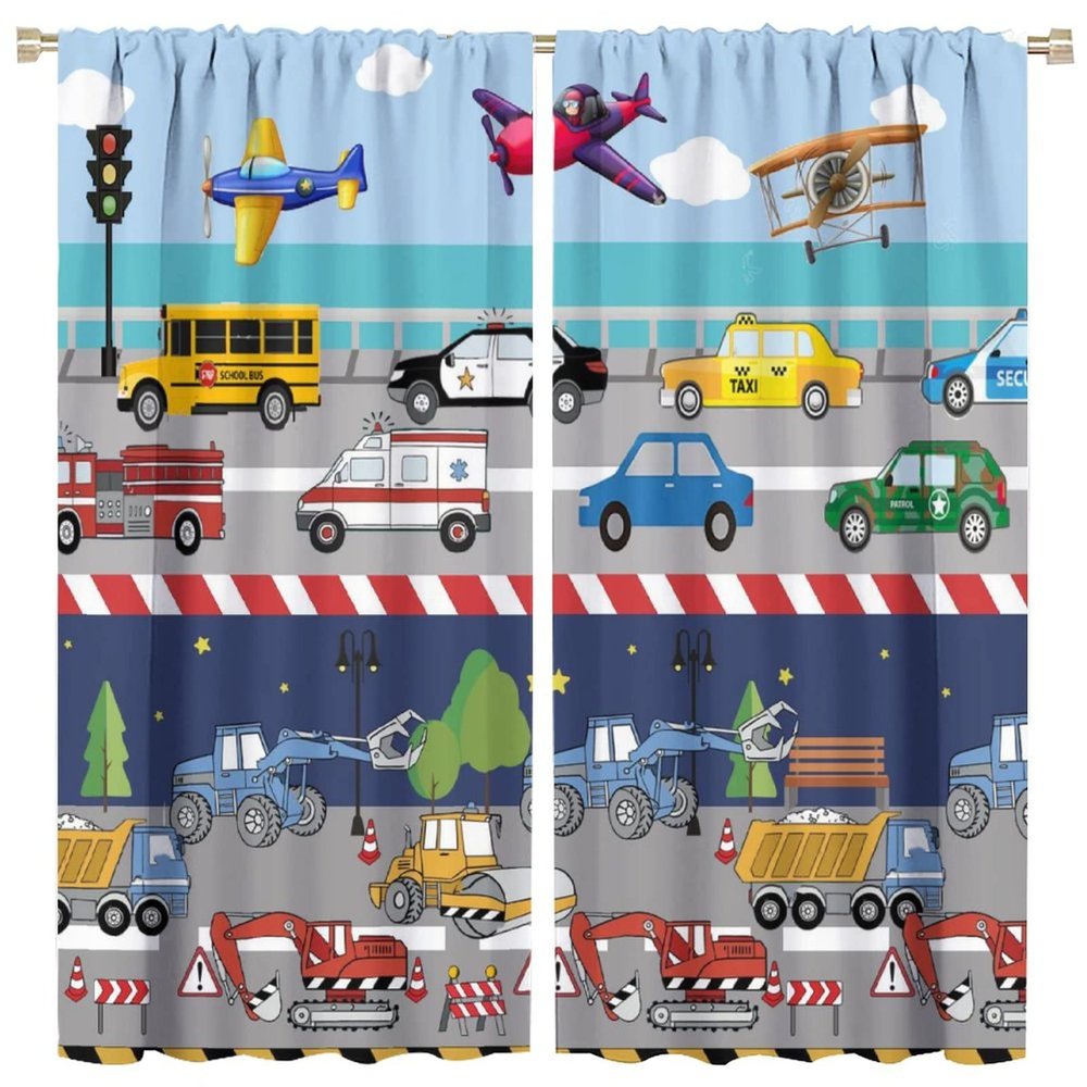 SXXLDNG Kids Boys Construction Curtains Cartoon Colorful Cars Tractor Truck Airplane 2 Panels Window Treatment Set for for Boys Girls Bedroom Living Room, W55 x L63 Inch Blackout