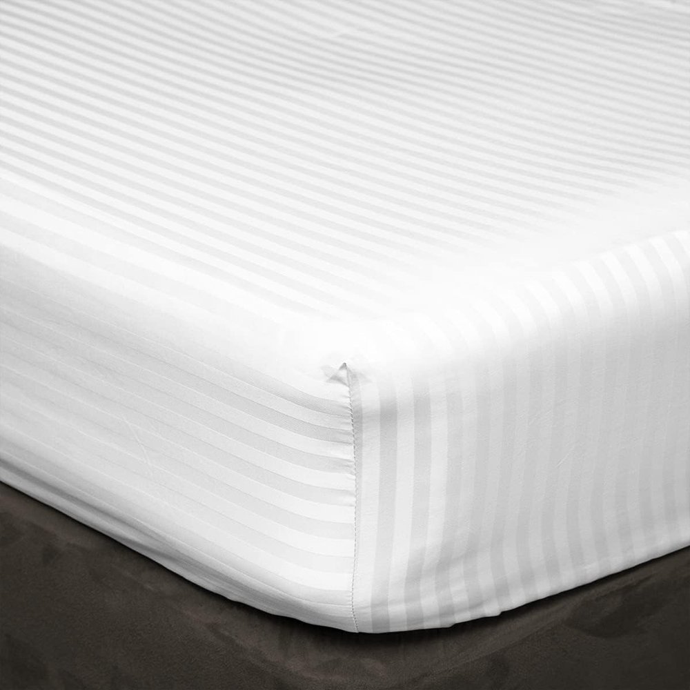 400 Thread Count Fitted Sheets Set of 3 Piece - Luxury and Extra Soft 100% Egyptian Cotton Sheets with 18" Deep Pocket Mattress Covers & Protectors - White Stripe,Olympic Queen Size.