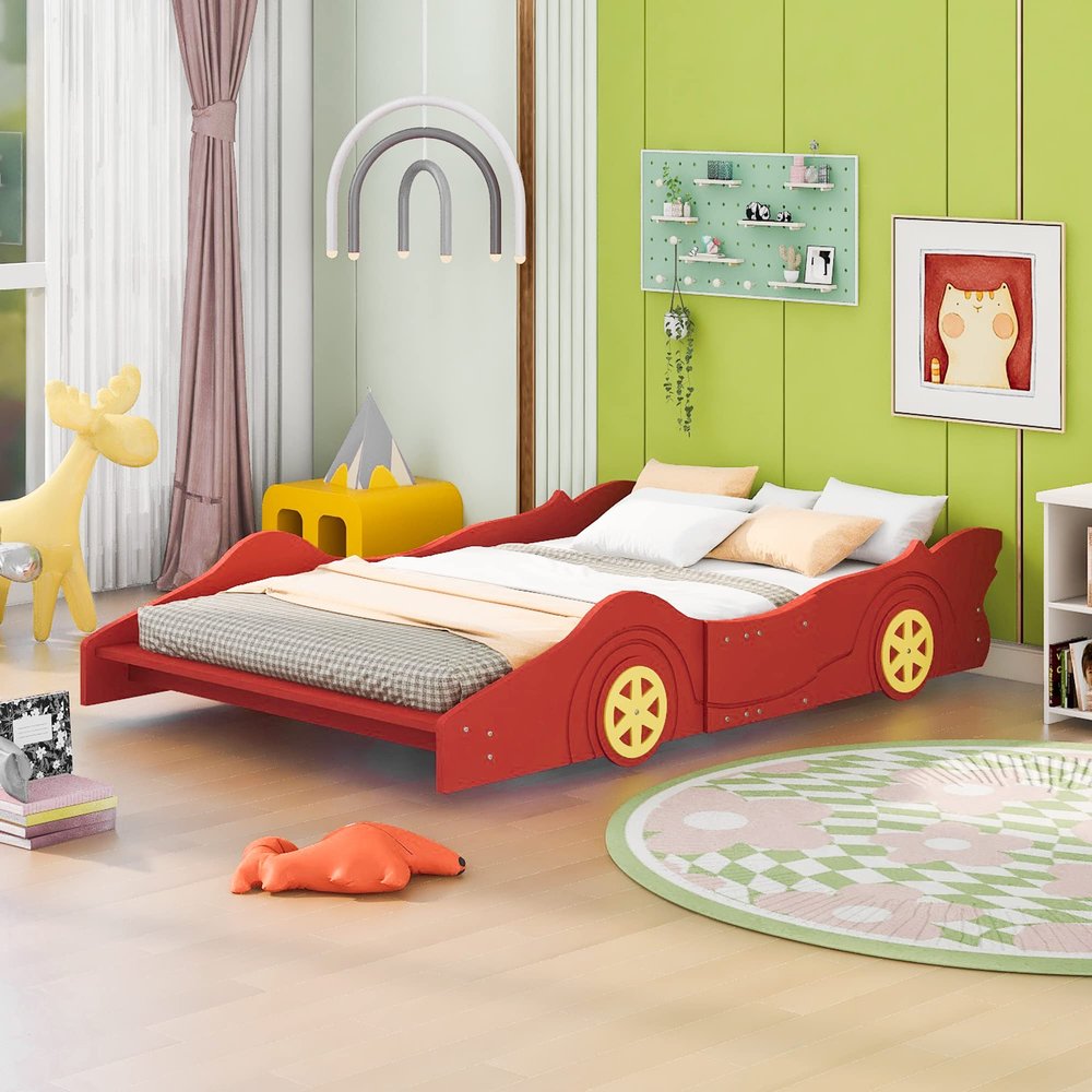 VilroCaz Race Car-Shaped Platform Bed for Kids Boys Girls, Full Size Fun Play Platform Kids Bed with Wheels, Strong Slat Mattress Support, Safety Guaranteed