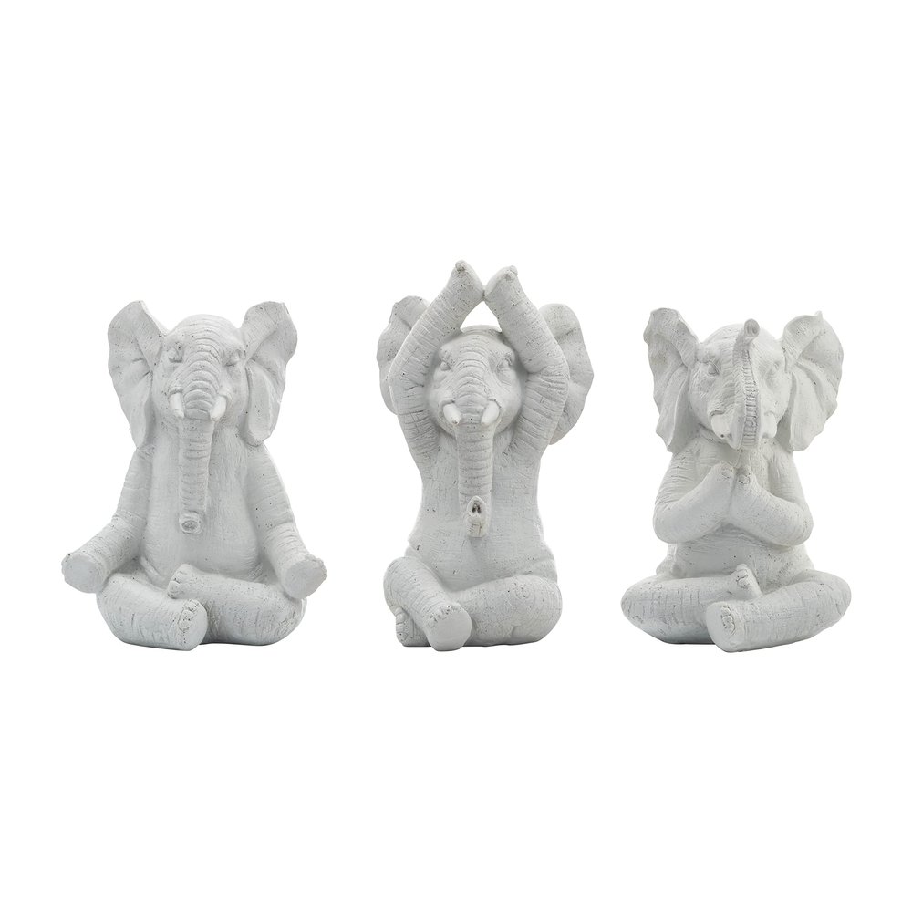 Sagebrook Home Set of 3 Elephant Figurines - Resin Polyresin Decorative Sculptures - Glam Style Home & Office Decor - Meditation and Yoga Inspired Accents - 9" White