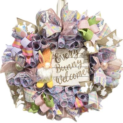 23 Easter Ribbon Wreath Bunny Gnome in Pink, Purple & White Handmade W6