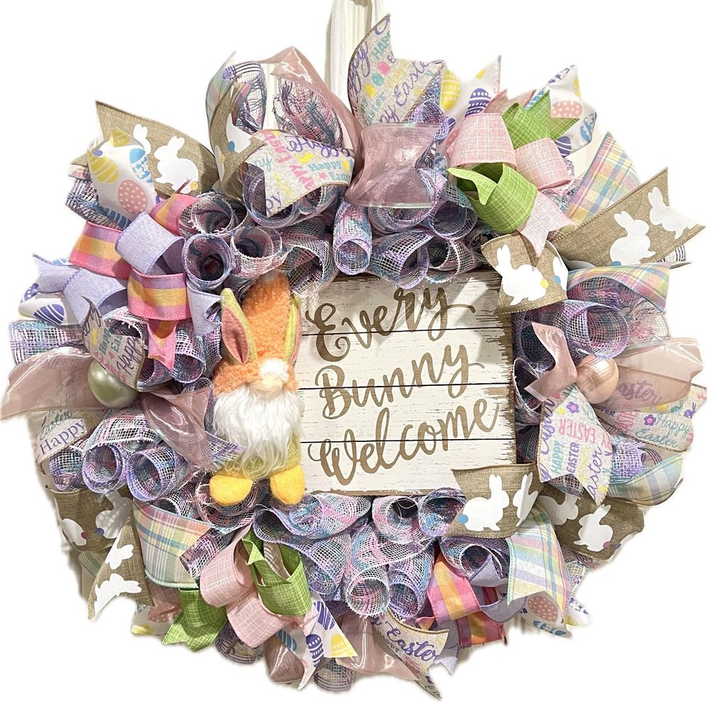 23 Easter Ribbon Wreath Bunny Gnome in Pink, Purple & White Handmade W6