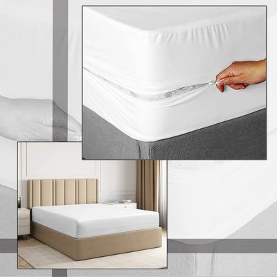 Pure Eco Zipper Fitted Sheet Olympic Queen Size 66" X 80" Inches Fit 8" Deep Pocket White, 600 TC 100% Egyptian Cotton Sateen Weave Zipper Mattress Cover Olympic Queen Size Zipper Sheets