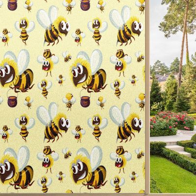 Window Privacy Film Decorative Happy Bumble Bee Honey Bee Static Translucent Cling Window Decals Frosted Glass Window Clings Sticker Non-Adhesive Heat Control 35.4'' x 78.7''