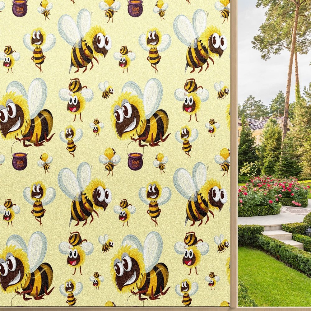 Window Privacy Film Decorative Happy Bumble Bee Honey Bee Static Translucent Cling Window Decals Frosted Glass Window Clings Sticker Non-Adhesive Heat Control 35.4'' x 78.7''