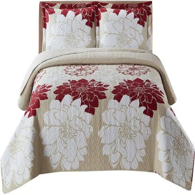 Royal Tradition 7PC Bedspread Set -California King Size- Helena Burgundy Printed Quilted Wrinkle-Free Microfiber Includes: 3PC Coverlet Set and 4PC Sheets Set