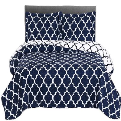 Royal Tradition 7PC Bedspread Set -Queen Size- Meridian Navy Printed Quilted Wrinkle-Free Microfiber Includes: 3PC Coverlet Set and 4PC Sheets Set