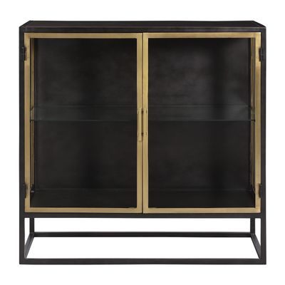 36-inch Gunmetal and Brass Finished Iron Glass 2-Door Sideboard Black Modern Contemporary Metal Painted Doors