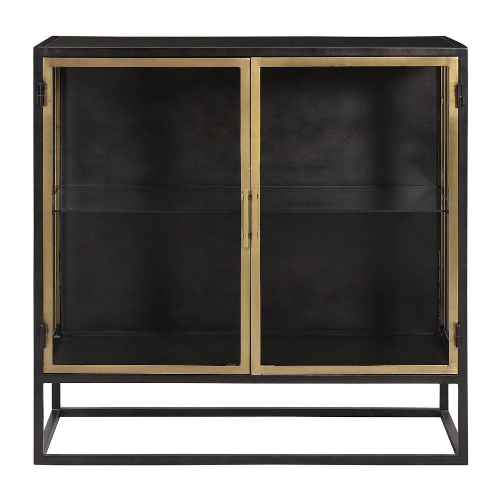 36-inch Gunmetal and Brass Finished Iron Glass 2-Door Sideboard Black Modern Contemporary Metal Painted Doors