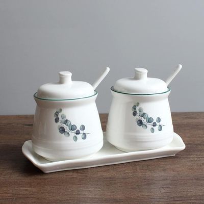 GImLY Spice jar 3 Pcs Set - Each Jar Volume Approx 380ML13oz Ceramic Condiment Jar Spice Container with Lids,Serving Spoon and Tray, white,Mother's Day Gift Spice Containers (Color : B)