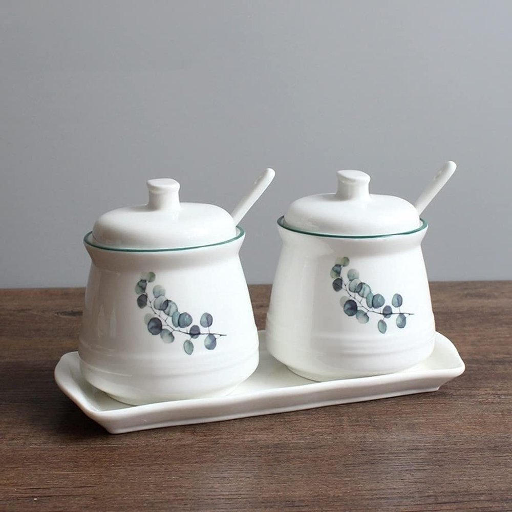 GImLY Spice jar 3 Pcs Set - Each Jar Volume Approx 380ML13oz Ceramic Condiment Jar Spice Container with Lids,Serving Spoon and Tray, white,Mother's Day Gift Spice Containers (Color : B)