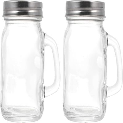2Pcs Salt and Pepper Shakers Set Clear Glass Jars with Handle BBQ Seasoning Containers Condiment Bottle Toothpick Dispenser for Home Restaurants