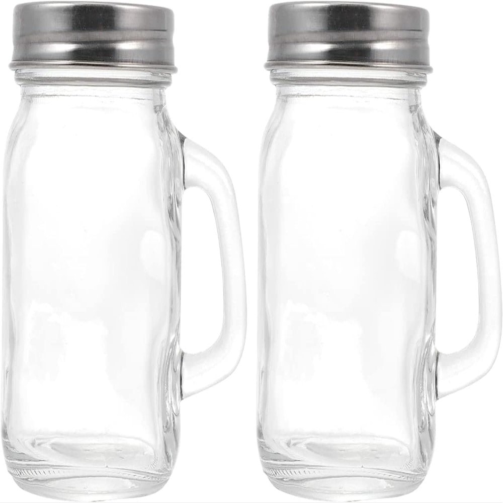 2Pcs Salt and Pepper Shakers Set Clear Glass Jars with Handle BBQ Seasoning Containers Condiment Bottle Toothpick Dispenser for Home Restaurants