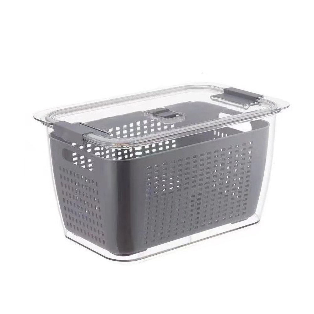 HERCHR Plastic Produce Saver Container, Vegetable Storage Containers Fruit Storage Organizer Bins Fresh Food Keeper Produce Saver with Divider for Refrigerator(1.7L-Gray)