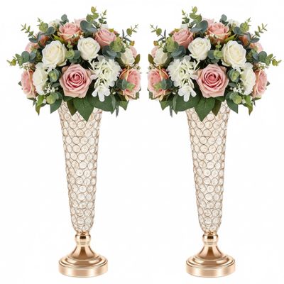Gold Crystal Trumpet Floral Vase Table Centerpieces for Wedding, 20" Metal Crystal Vases, Flower Vases for Party Dinner Event Anniversary Ceremony Birthday Wedding Home Decoration