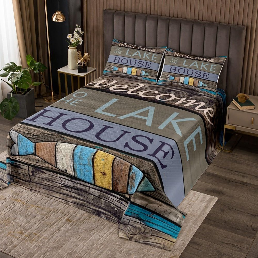 3 Piece Lake Theme Quilt Bedding Set Women Aldult Lightweight Bedding Rustic Wooden Barn Bedspread Set Plank Wall Bedspread Coverlet Soft Microfiber Home Quilt Set for King Bed All Season