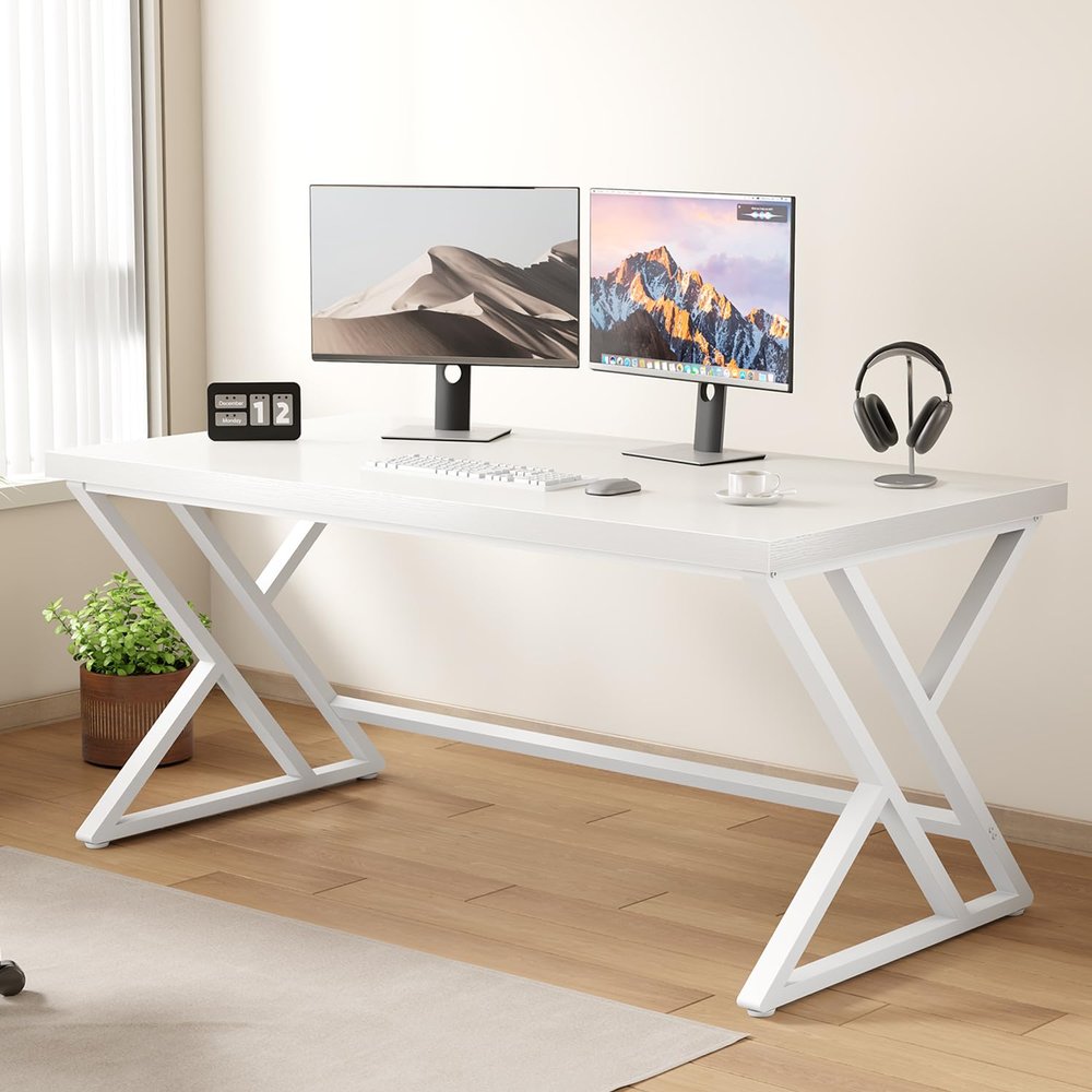 LVB White Computer Desk, Modern Wood Home Office Desk for PC Writing Work, Metal Wooden Executive Workstation Student Simple Desk, Computer Study Gaming Bedroom Table, 55 Inch, White Oak