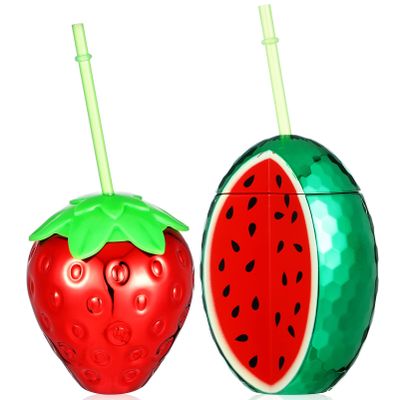 Alipis Fruit Shaped Cups Set with Lids and Straws Plastic Strawberry and Watermelon Drink Containers for Summer Parties and Outdoor Events 4.23X4.88 Inch