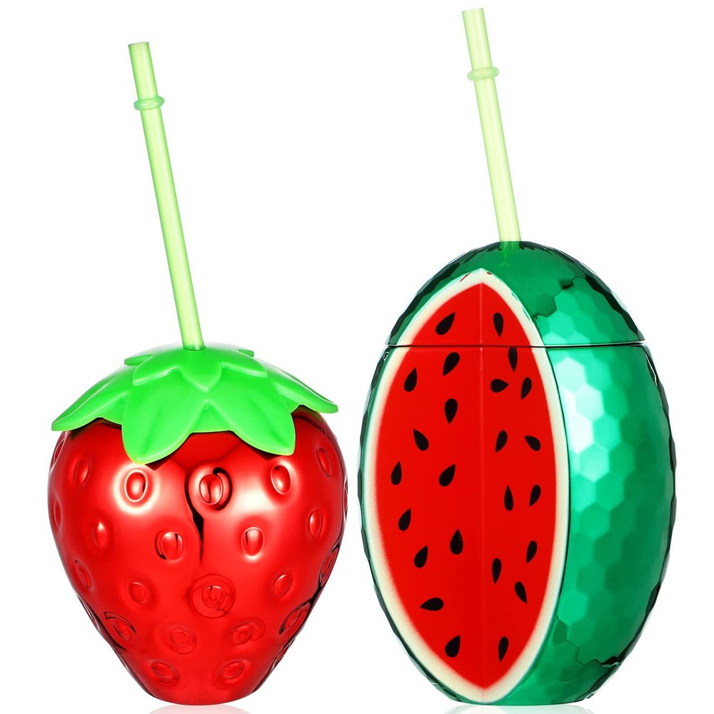 Alipis Fruit Shaped Cups Set with Lids and Straws Plastic Strawberry and Watermelon Drink Containers for Summer Parties and Outdoor Events 4.23X4.88 Inch