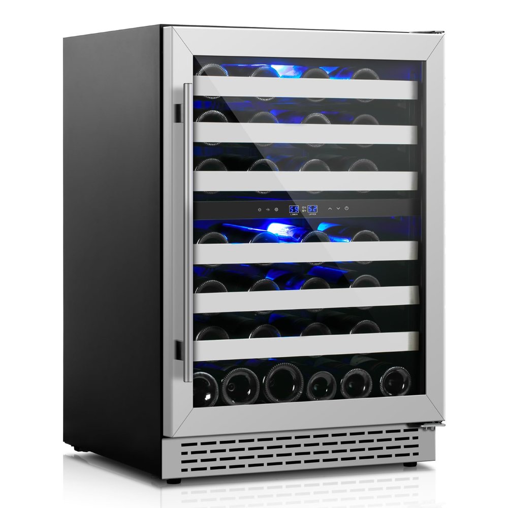 WINEBOSS 24 Inch Wine Cooler Refrigerator, 46 Bottle Dual Zone Wine Fridge Cooler Under Counter with Upgrade Compressor Tempered Glass Door, 40-65F, Built-in/Freestanding for Kitchen Bar Office