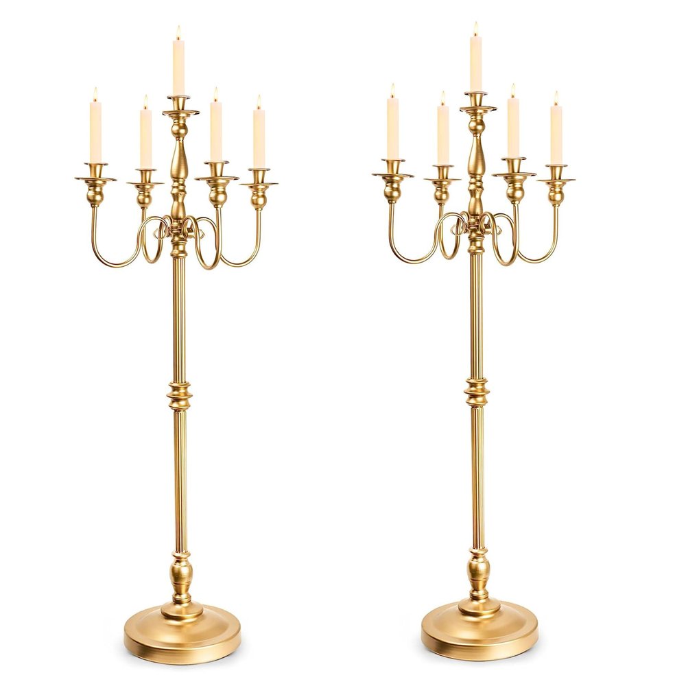 Gold Candelabra for Wedding Event Decor, 50'' Tall Floor Candle Holders, 2 Pcs Metal 5 Arm Centerpiece Decorations for 5 Candlesticks Party Wedding Aisle Home Decor