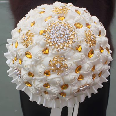9.4 Inch Wedding Bouquet Ivory Satin Flower Bridal Holding Bridesmaid Gold Brooch Artificial Flower Bouquet Customize Color Multi Size for Indoor Wedding, Bridal Shower, Church Wedding, Quinceanera